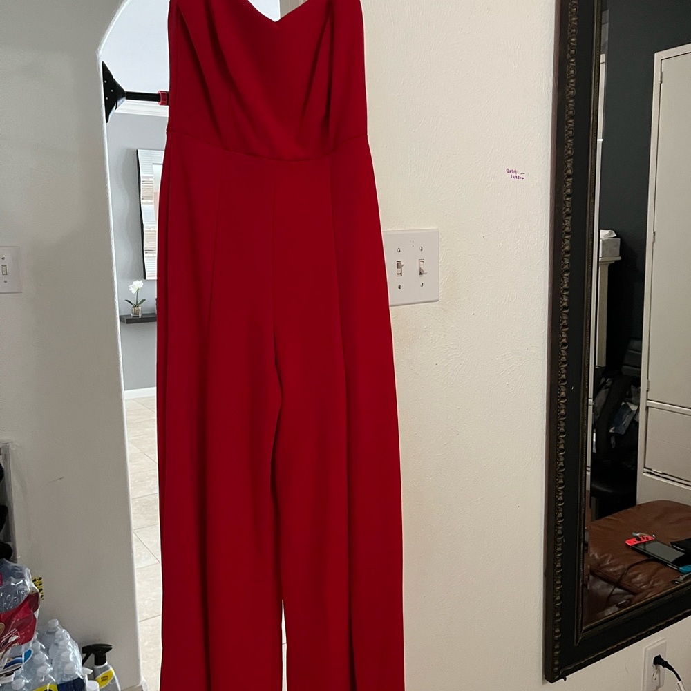 Bebe Red Satin Jumpsuit with Plunging V-Neckline